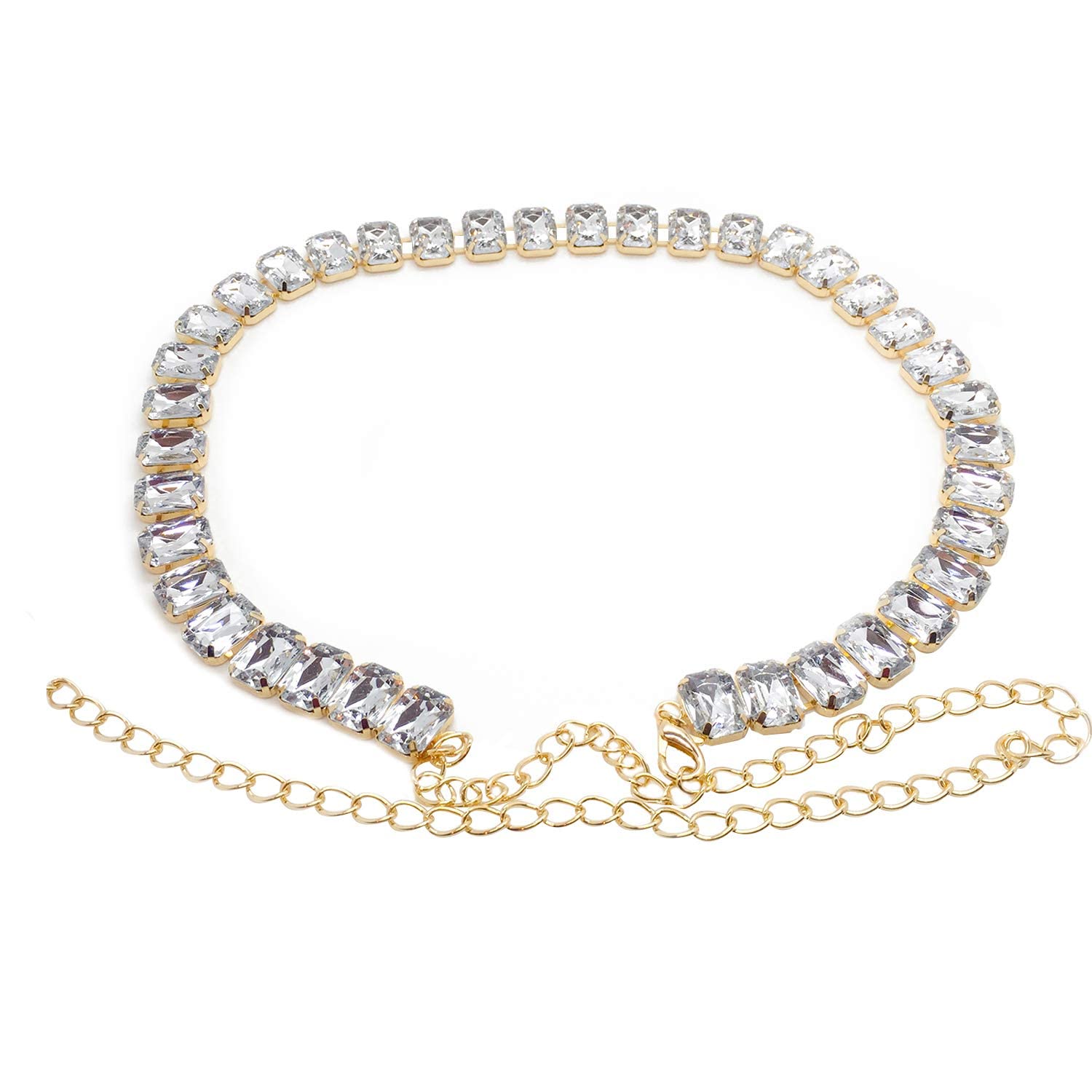 Trimming Shop Women's #Emerald Diamante - Gold Waist Belt Adjustable Metal Body Chain Stylish Clasp, Fashionable Accessory Waistband Casual And Formal Wear, Dress, Western Outfits