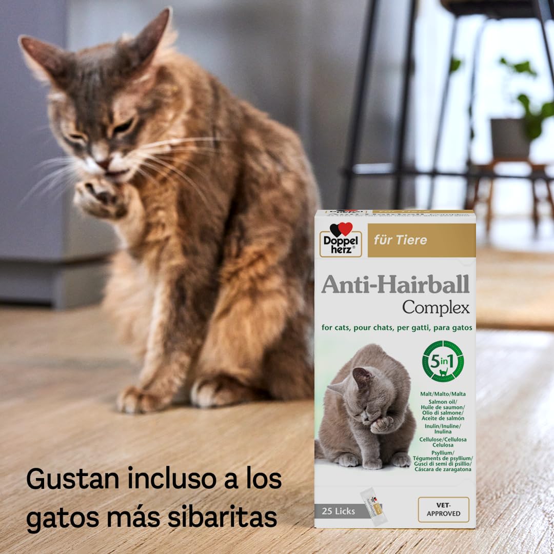 Doppelherz Anti-Hairball Complex para Gatos - con valiosas Fibras y aceites Que favorecen la digestión de Las Bolas de Pelo - 25 pellizcos cremosos