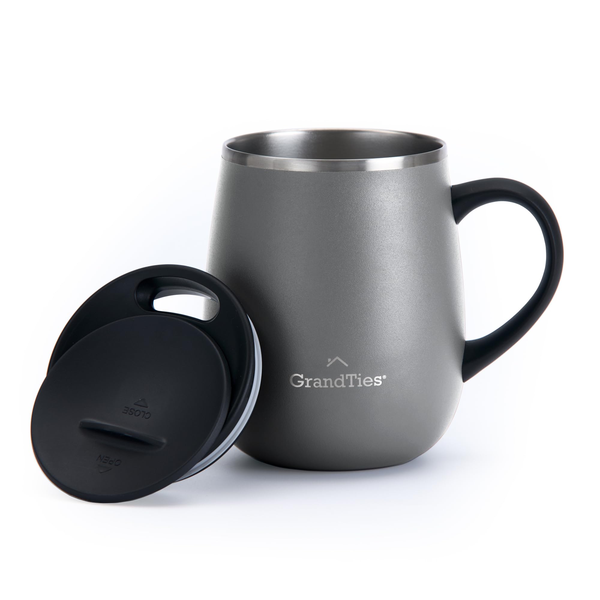 GRANDTIES Thermal Coffee Mug with Handle - Sliding Lid for Splash Guard 480 ml - Stone Grey, L, Grey, Gray, Large (Pack of 1)