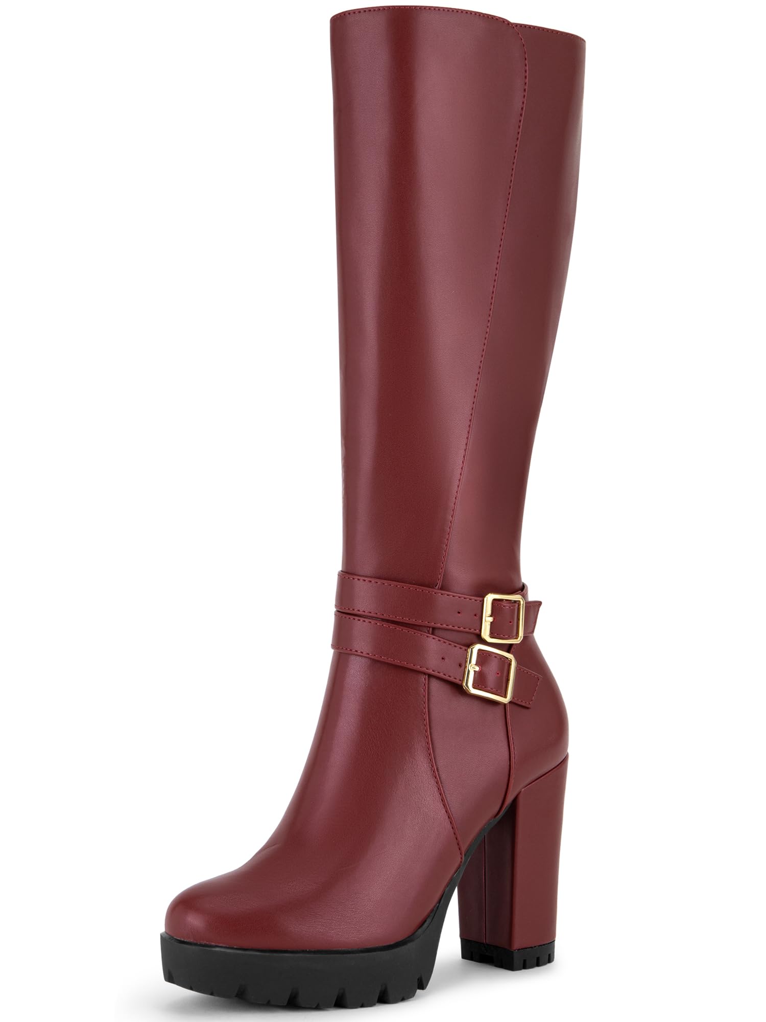Perphy Round Toe Platform Chunky Heels Knee High Boots for Women