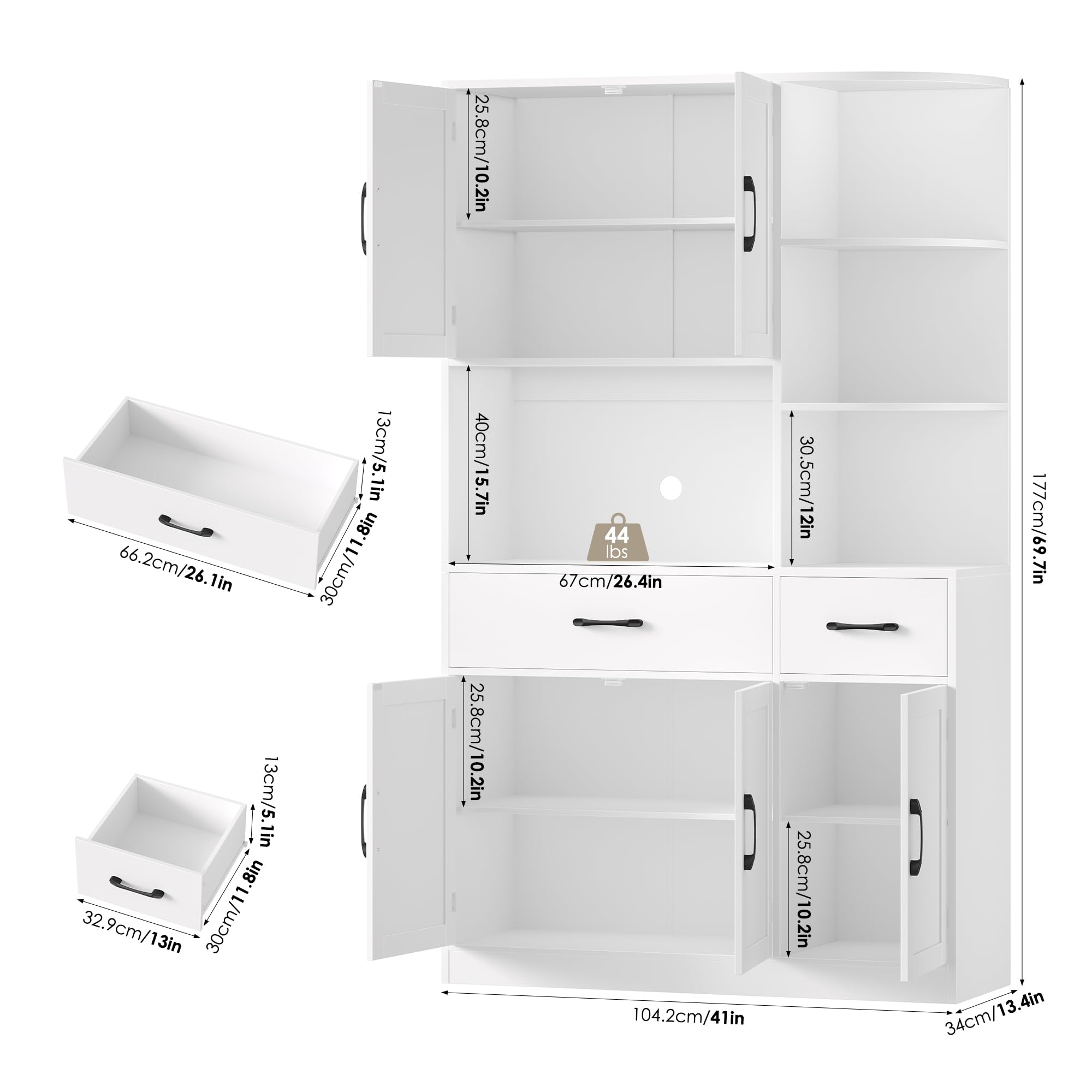 HOCSOK Küchenschrank, Buffetschrank Weiß Lackiert, 177 x 104 x 34 cm | Sideboard mit 5 Türen, Eckregal Ecki, Arbeitsplatten und 2 Schubladen, Vorratsschrank für Küche, Wohnzimmer, Esszimmer