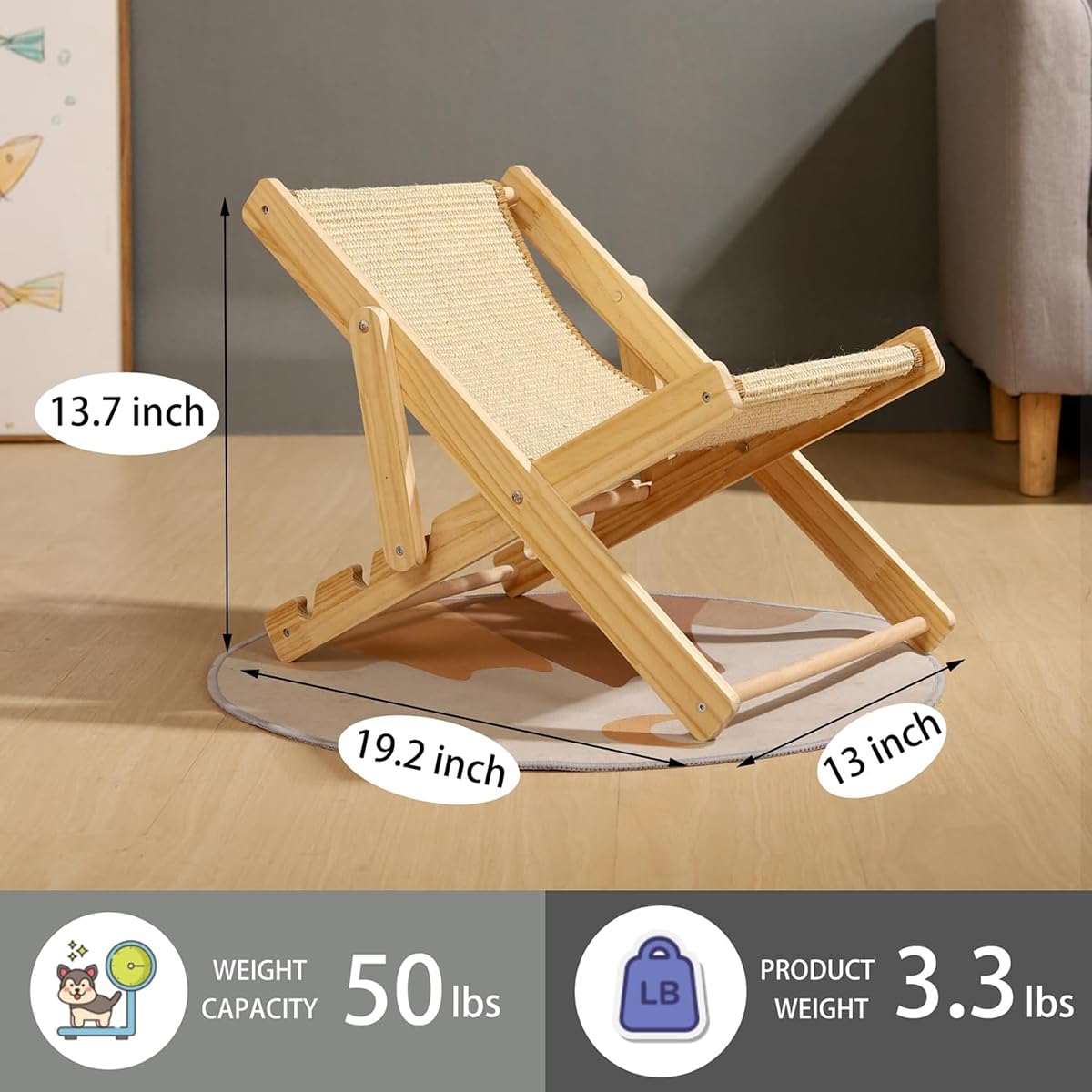 سرير قطط خشبي طبيعي من بابوريتش، ارجوحة للقطط قابلة للتعديل مع وسادة من السيزال، كرسي شاطئ صغير للقطط والجراء والارانب والحيوانات الاليفة الصغيرة الاخرى (سيزال)