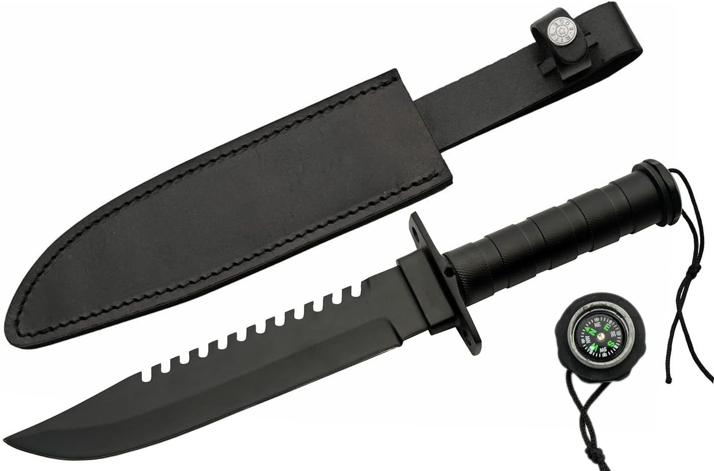 SZCO Full Tang Sawback Hunting Knife with Compass 14''- Black Pocket Knife with Stainless Steel Blade, Textured Handle & Leather Sheath - Camping Knife for Hiking, Camping - Skinning knife for Men