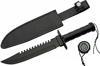 SZCO Supplies 14” Black Steel Handle Sawback Outdoor Activity/Survival Knife With leather Sheath, 203442-BK - SZCO Supplies
