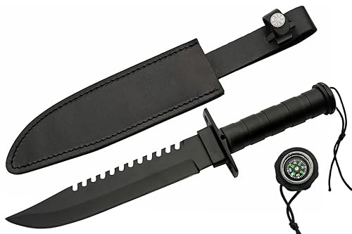 SZCO Cuchillo de acero negro de 14 pulgadas con brújula, machete para exteriores con hoja de acero inoxidable, funda de cuero y equipo de