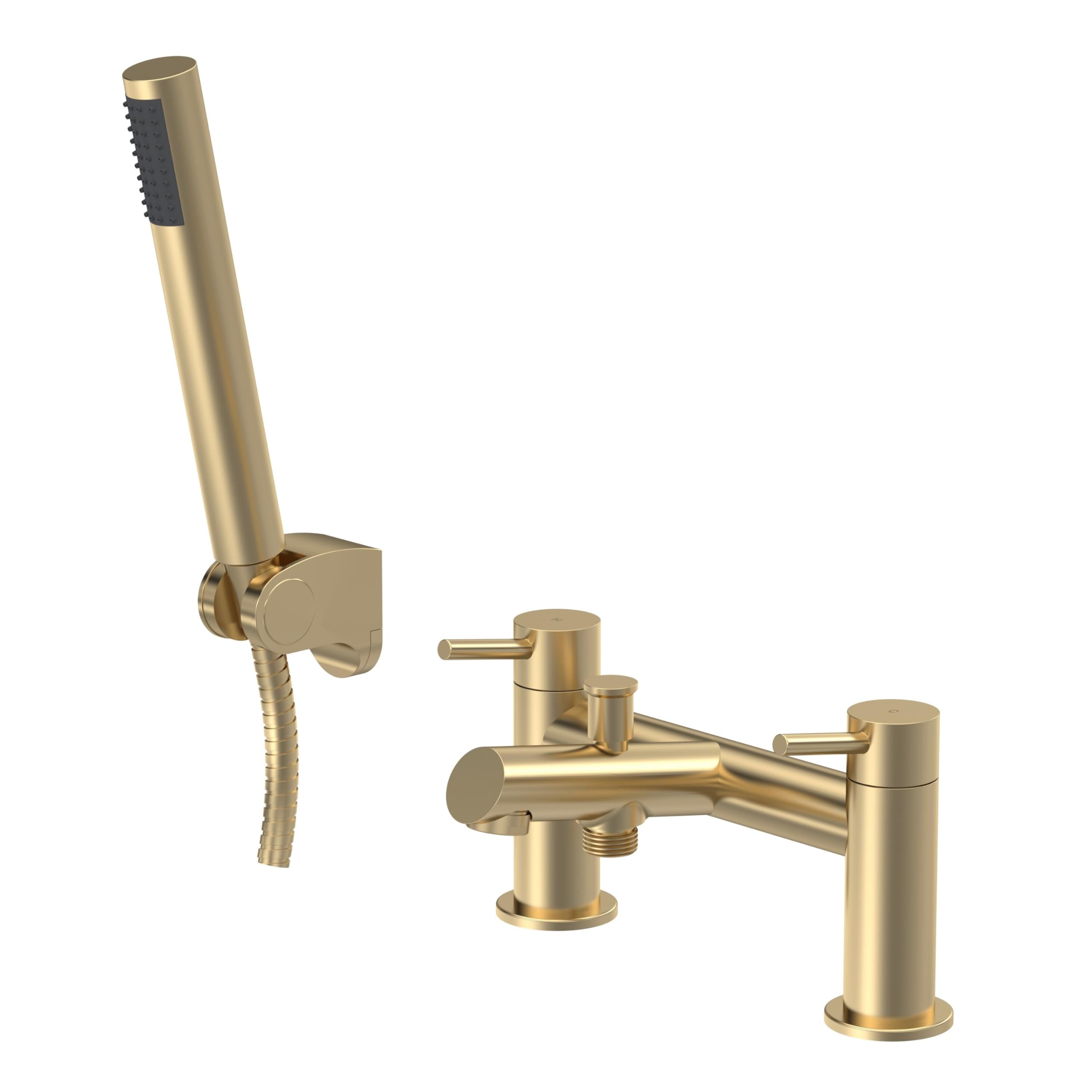 Balterley Bath Mixer Tap with Shower Kit, Dual Lever Round Bath Filler Tap, Round Head Showers for Bathrooms, Bathroom Taps with Shower Head and Hose Set - 228 x 156 x 119mm (Brushed Brass)