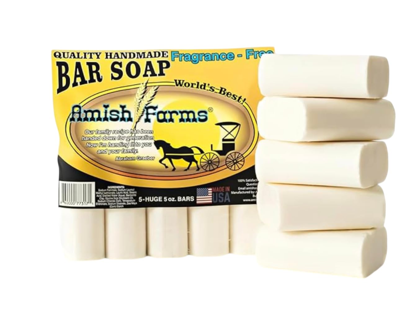 Amish Farms Fragrance-Free & Dye-Free Natural Bar Soap for Sensitive Skin (Huge 5 Bars in a Bag) - Handmade in USA Moisturizing Bar Soap (Shipped in Cardboard Box) With Fresh Soap Smell (5-Pack)