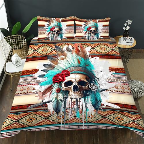 AILONEN 3D Skull Duvet Cover Set King Size, Indian Style Skeleton Bone Bedding Set for Women Girls,Floral Skull Comforter Cover Goth Duvet Cover,1 Quilt Cover 2 Pillowcases,3 PCS