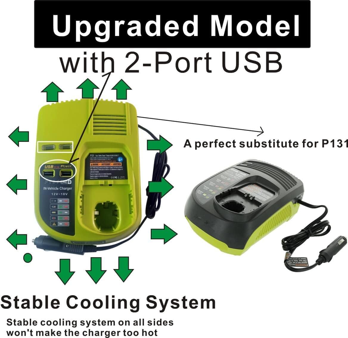 One+ Portable Dual Chemistry Lithium Ion or NiCad Vehicle Battery Charger for Ryobi 12V, 14.4V, 18V MAX One+ Plus Ni-Cad, Ni-Mh & Lithium-Ion Battery