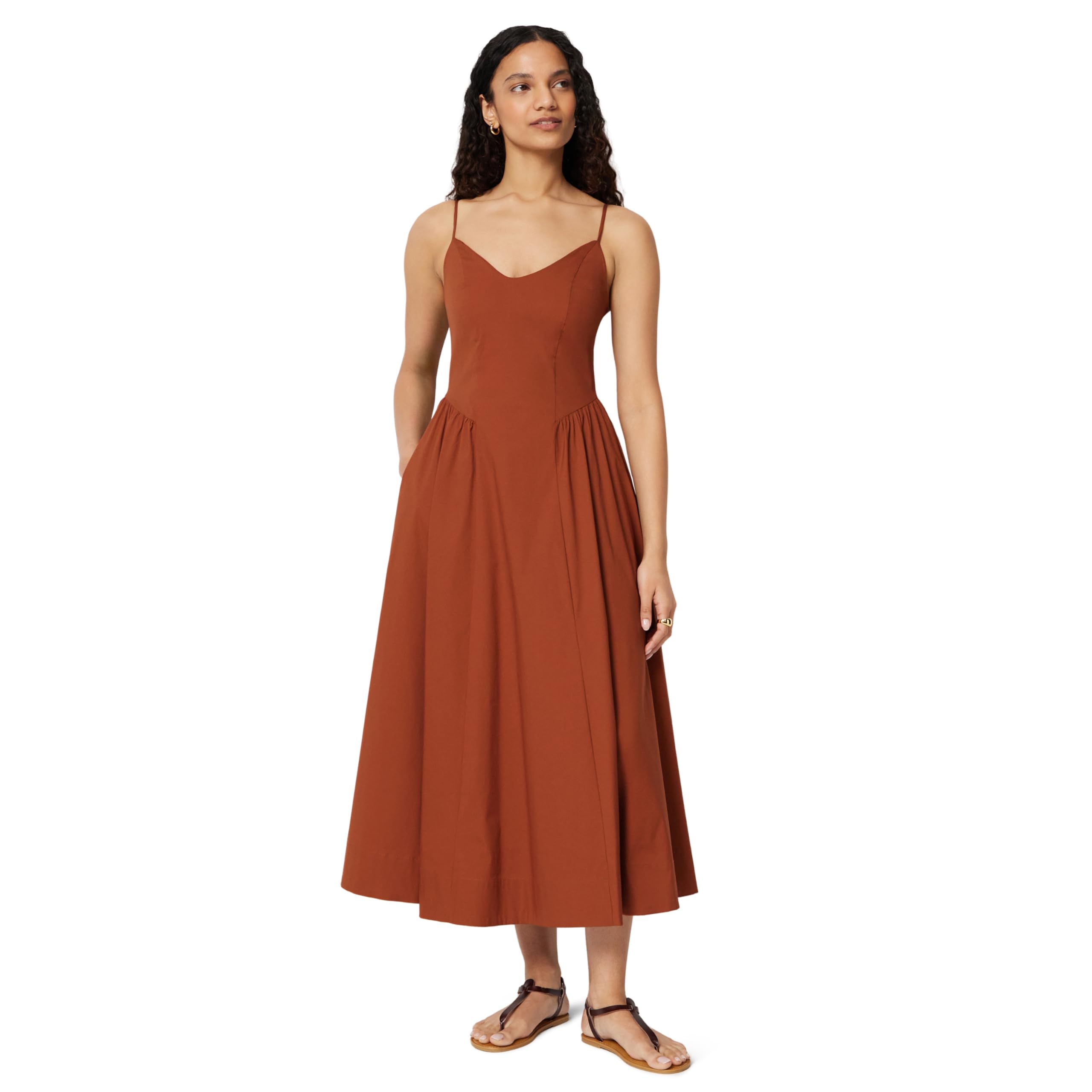 Amazon Essentials Femme Robe midi ajustée et évasée en Popeline de Coton à Bretelles Fines
