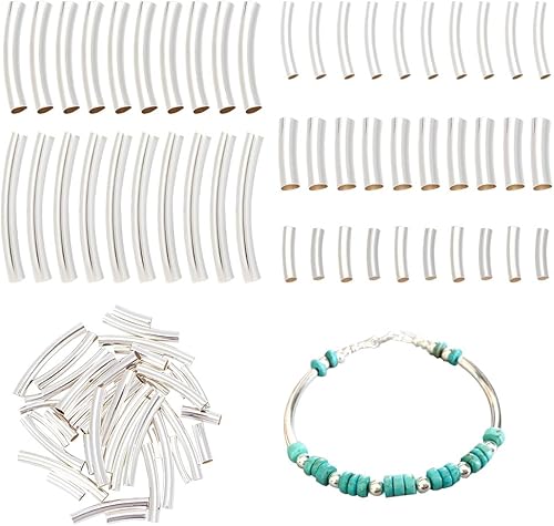 arricraft 50 cuentas de tubo curvadas de latón chapado en plata de ley 925, 5 tamaños, cuentas de tubo curvo, cuentas espaciadoras de fideos,