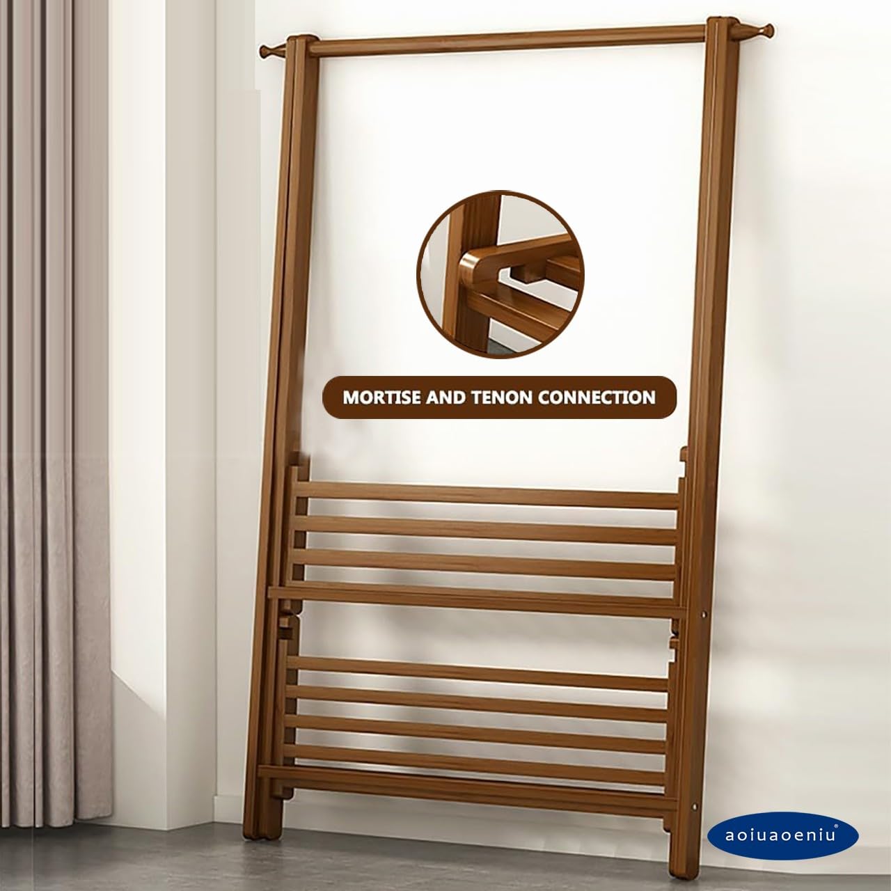 Garderobenständer/Kleiderständer Bambus mit Haken und 2 Ablagen | Kleiderstange, klappbar, 160 cm Hoch, Multifunktional Garderobe für Kleidung, Hut, 1 Min Montage : 66/86/116CM