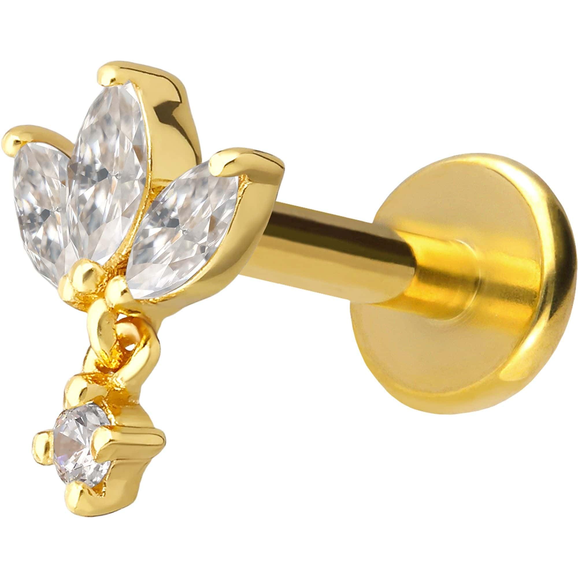 PIERCINGLINE Piercing Stecker Titan Labret mit Innengewinde + 925er Silber Aufsatz MOISSANIT-LOTUSBLÜTE - Goldfarben, Silberfarben