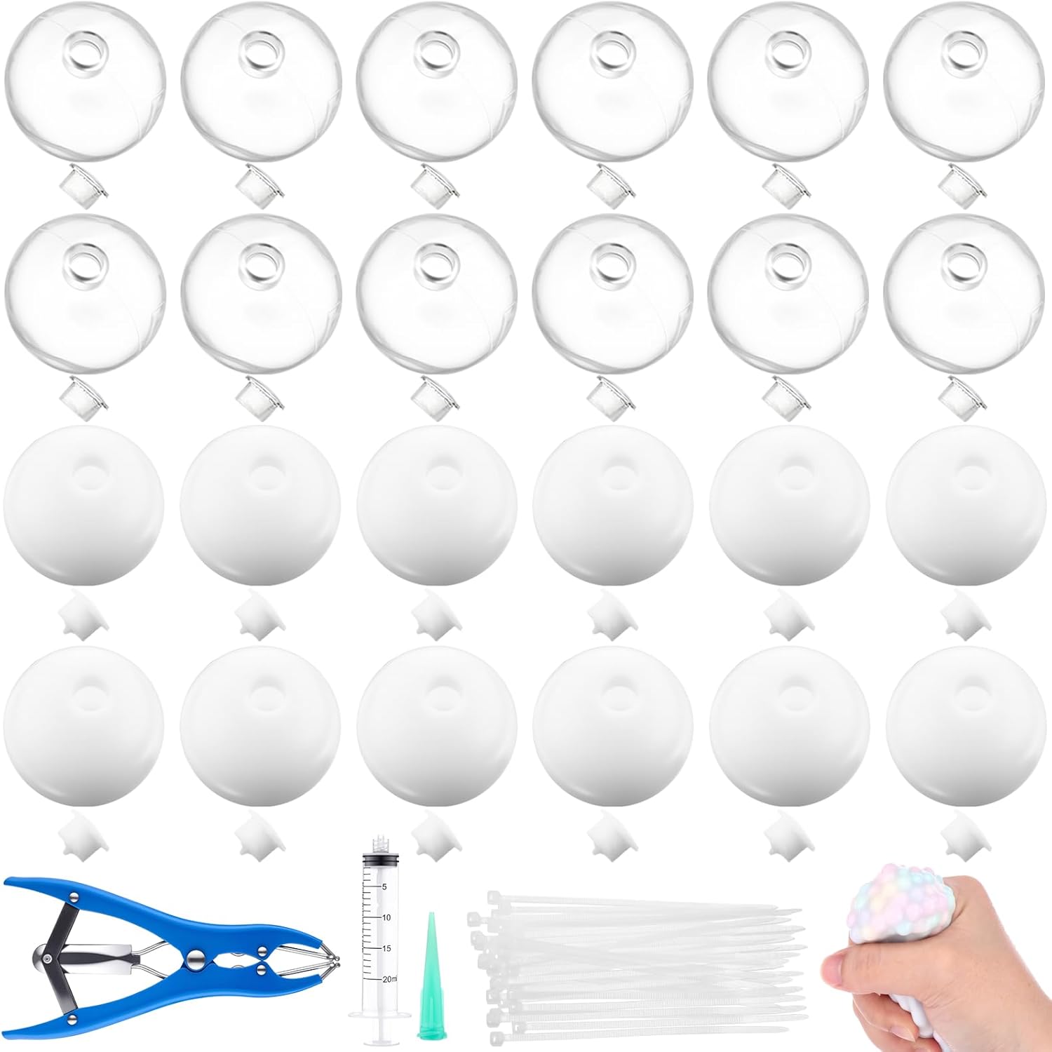 24 Pcs DIY Stress Ball Making Kit, Blank Stress Pressure Ball Skin Kit with Vacuum Evacuating Device & Expander Tool Make Your Own Fidget Pressure Balls for Adults (Milky and Clear)