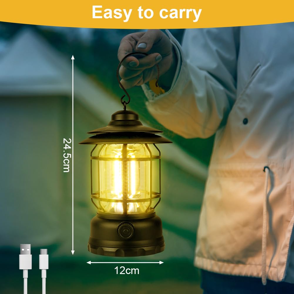 Flintronic Lanterne de camping rechargeable, lampes de camping LED rétro avec gradateurs rotatifs, lumière de tente COB portable à suspendre pour le camping, lumière de camping vintage pour la