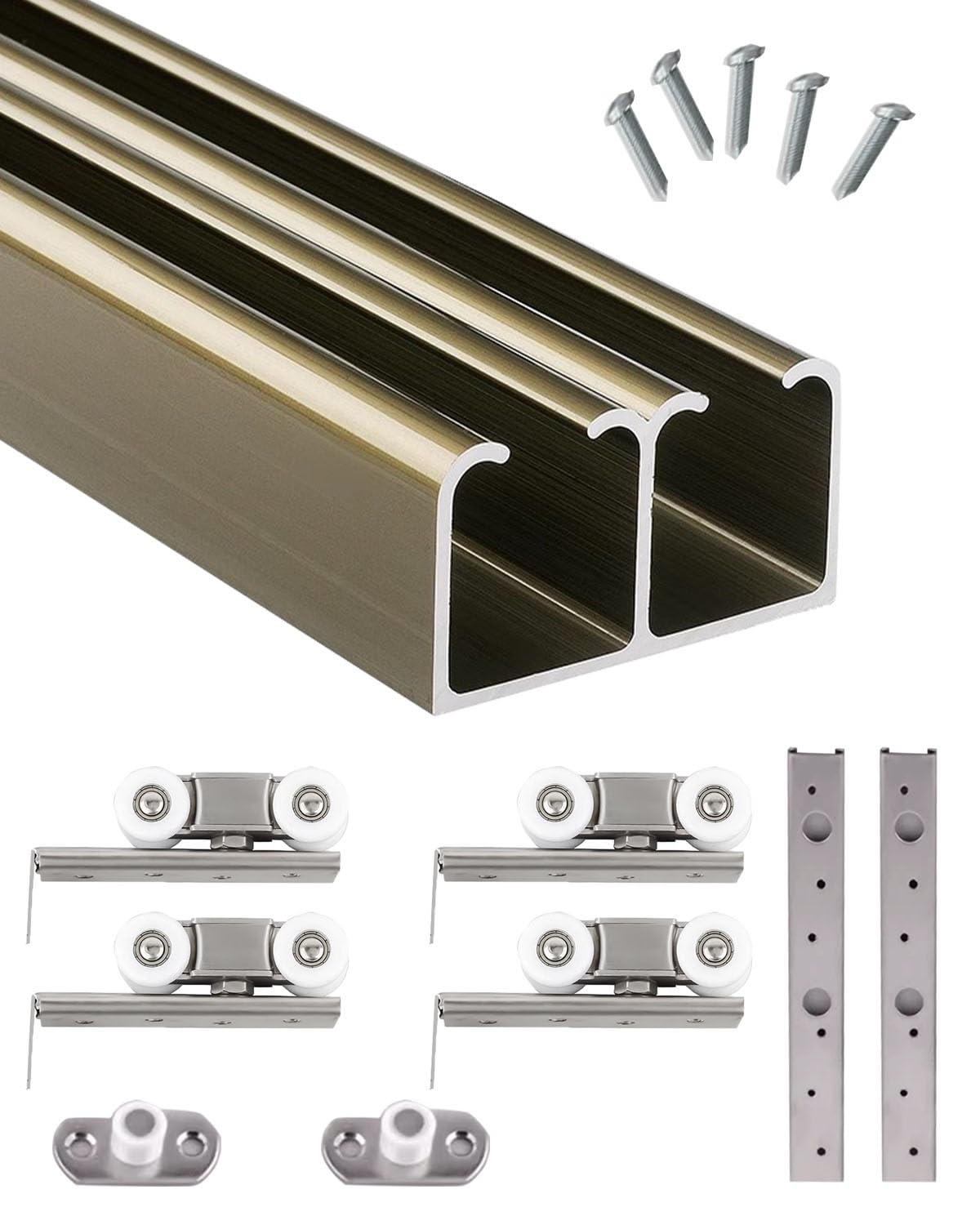 Sliding Door Kit By-passing Door Track Hardware Kit Heavy Duty, 1000 1200 2400 3600 4000mm Sliding Wardrobe Door Track Kit for 2 Doors, Double Top Barn Pocket Door(Champagne gold,1800mm/71 inch)