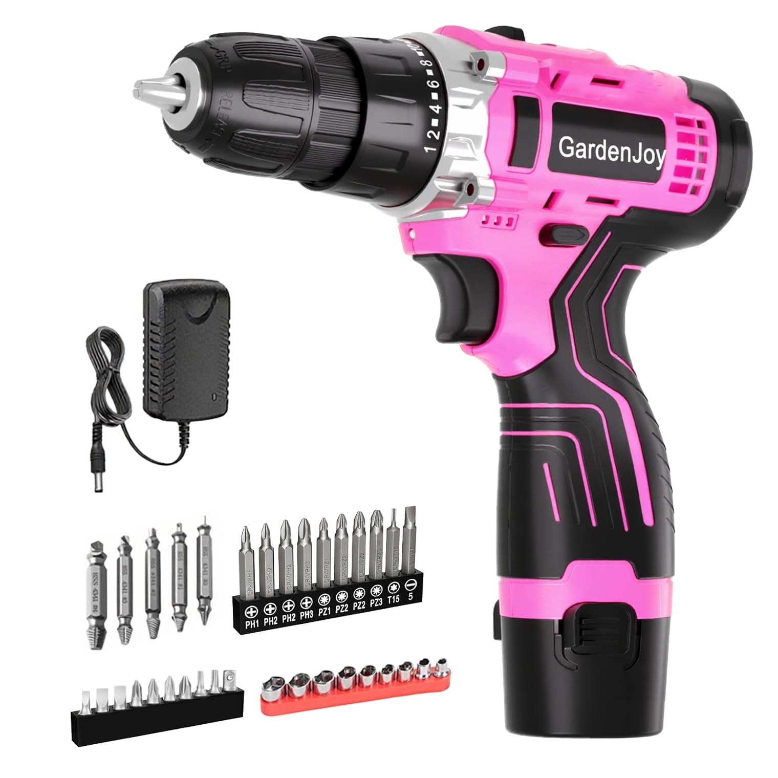 GardenJoy Cordless Power Drill Set: 12V Electric Drill with Battery and Charger, 65pcs Acessories, 3/8"Keyless Chuck, 2 Variable Speed, 24+1 Position, Compact Drill Driver Kit for Home & DIY Project