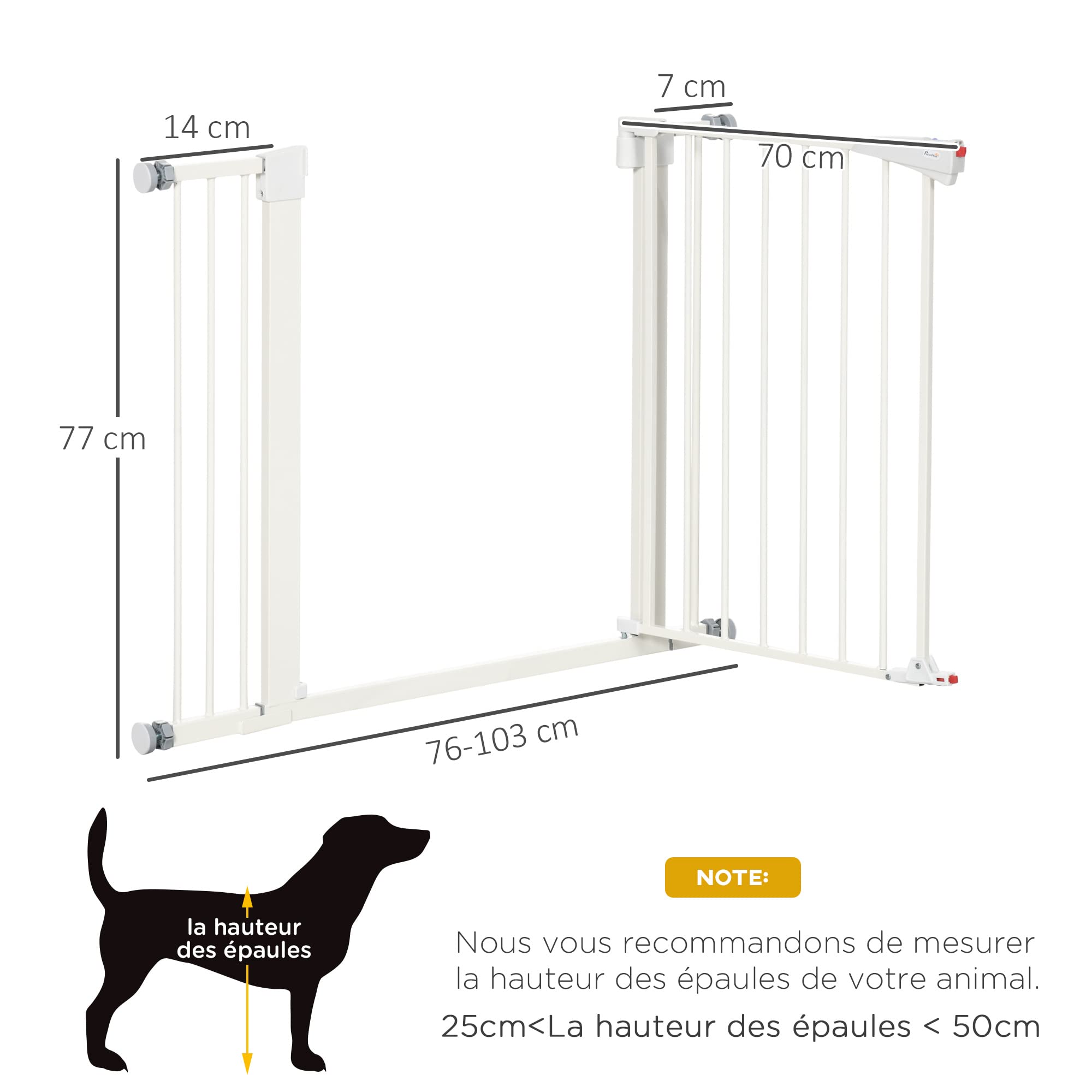 PawHut Barrière de sécurité pour Chien Extensible, Largeur 76-103 cm, sans perçage avec Fermeture Automatique et Double Verrouillage, Hauteur 77 cm pour escaliers, couloirs, Blanc