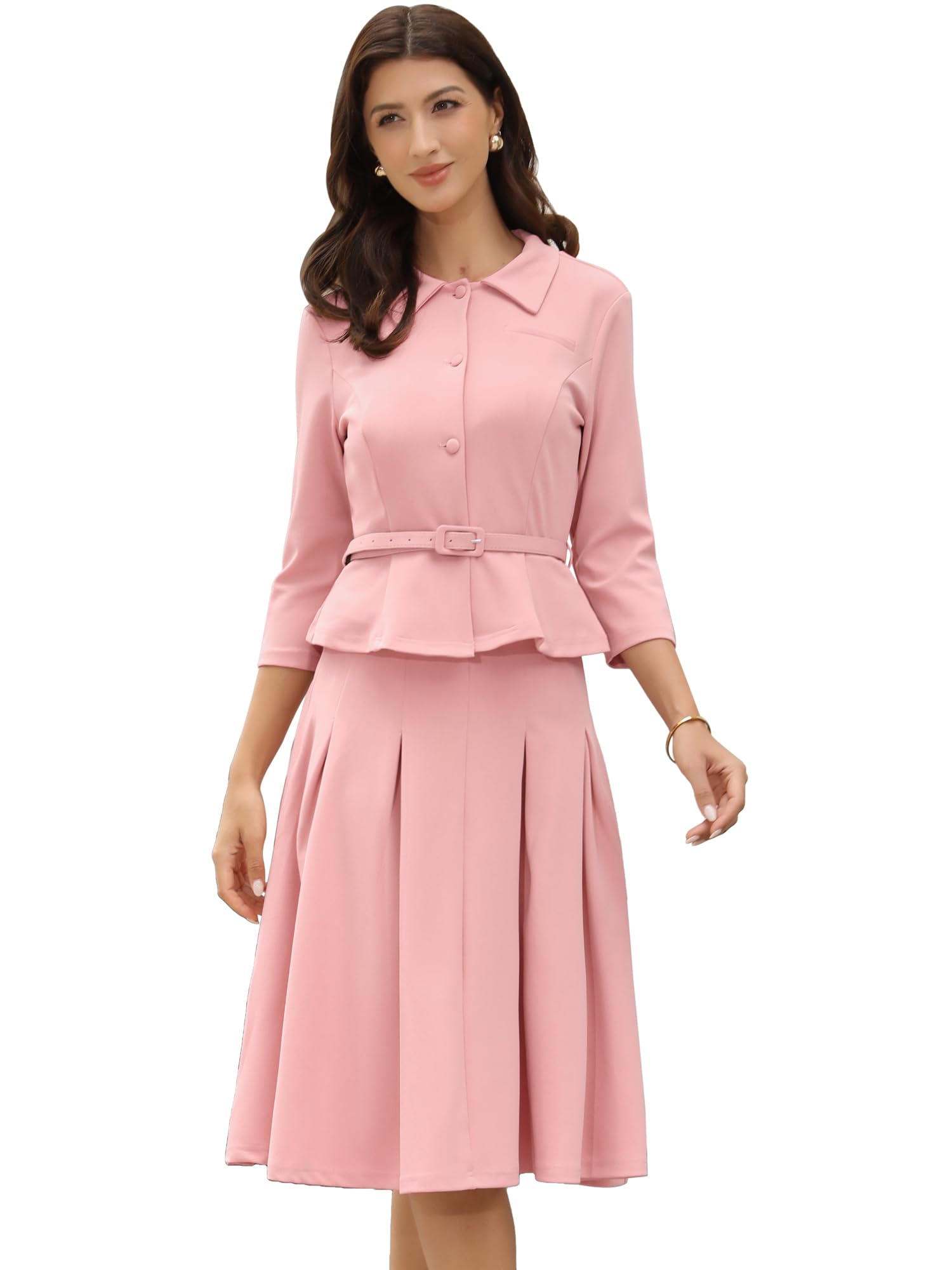 Allegra K Ensemble jupe d'affaires 2 pièces pour femme, tenue de bureau, blazer à manches 3/4, jupes plissées