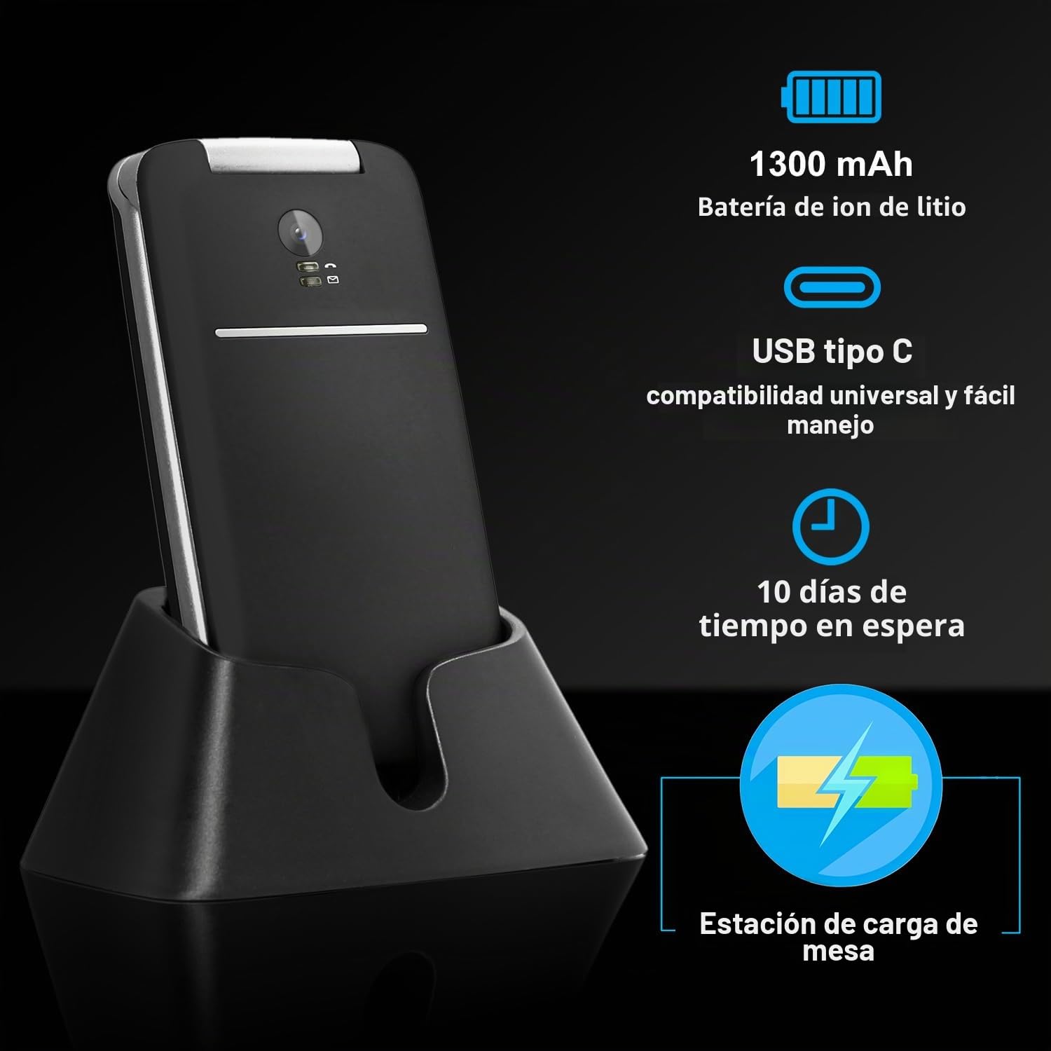 artfone G3 Negro - 4G VoLTE Teléfono móvil de Tapa para Mayores丨Botones y Teclas Grandes丨Teléfono móvil para Ancianos de Pantalla 2,4" 丨Base de Carga丨Botón SOS丨Bateria 1300mAh丨Radio FM丨Bluetooth丨USB-C