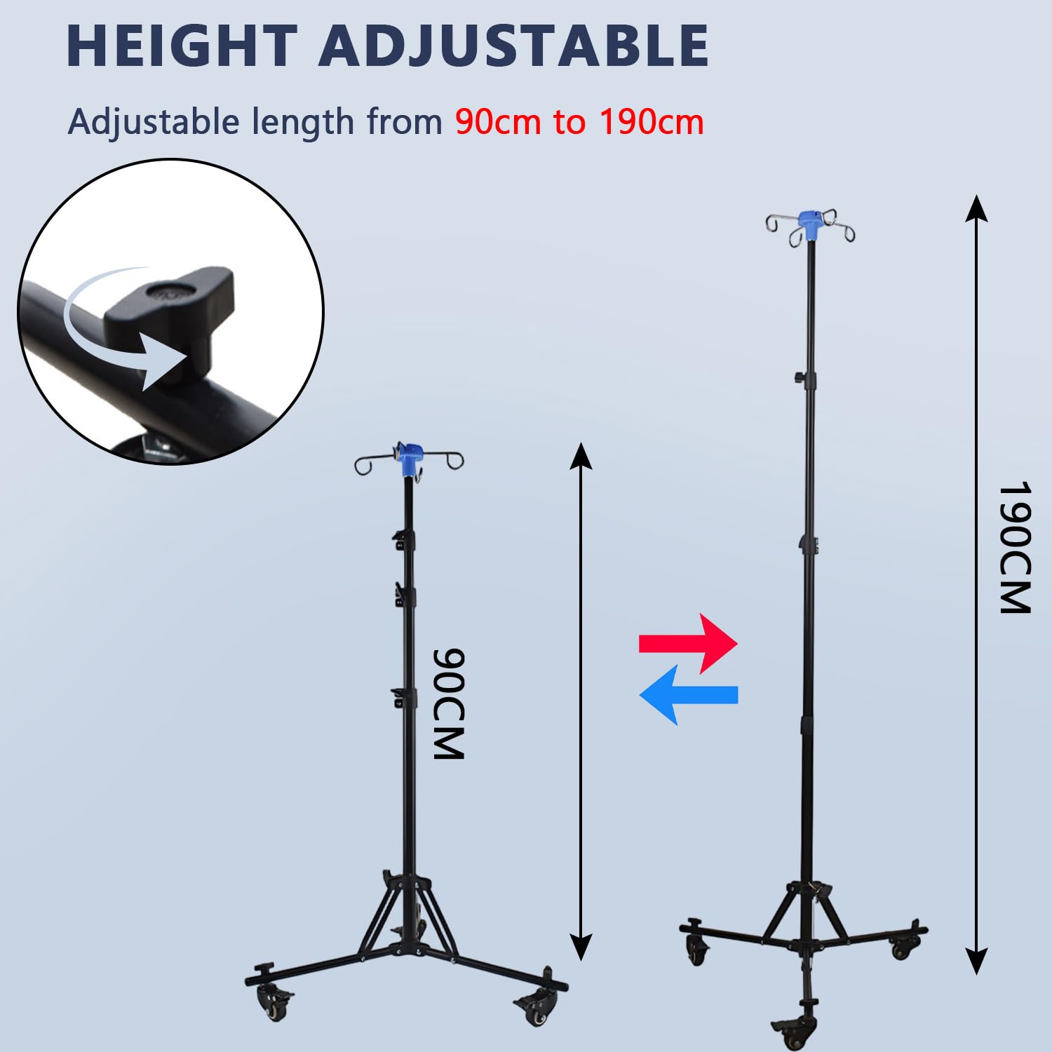 Supporto per infusione con ruote, supporto per infusione pieghevole con 4 ganci, 3 ruote, supporto per infusione in acciaio inox, altezza regolabile da 90 a 190 cm
