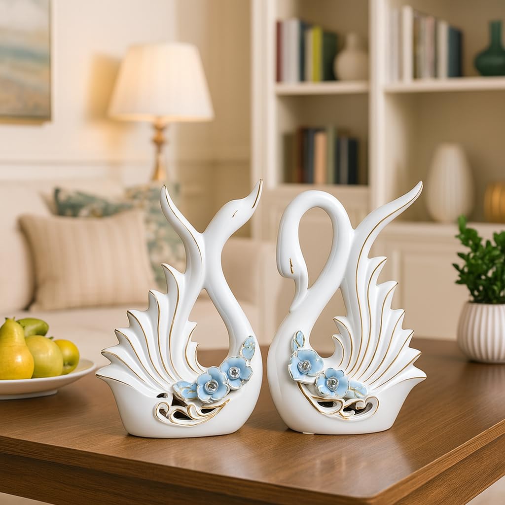 Xtore¨ Modern Elite Swan Pair Ceramic Art Figure | Beautiful Home Decor (Set of 2, White)