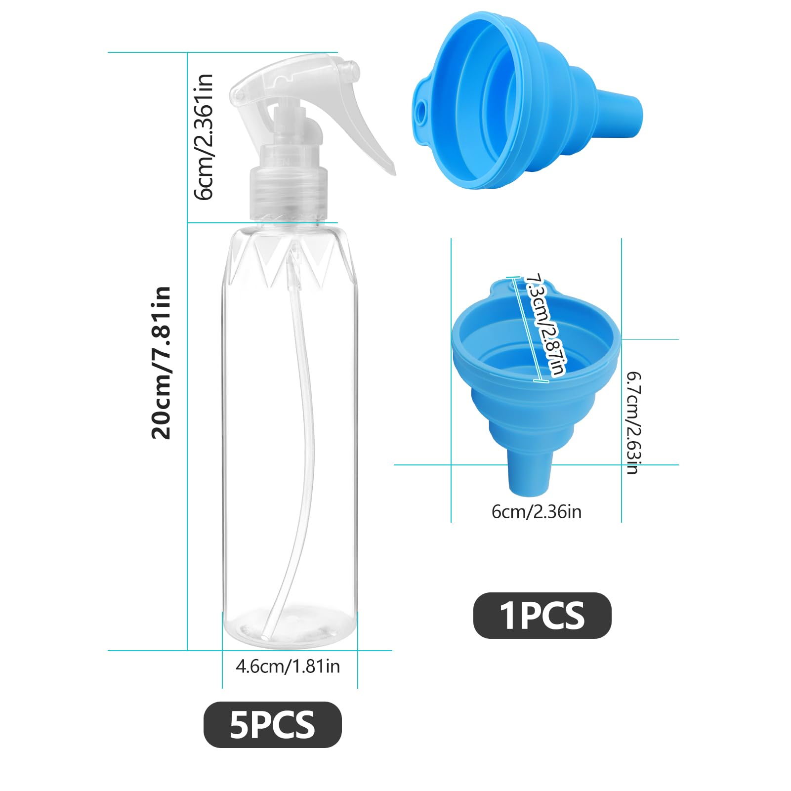 Lot de 5 Petits Flacons Pulvérisateurs avec Entonnoir Pliable en Silicone - 200 ml - En Plastique Transparent - Pour Cheveux, Nettoyage, Plantes, Cosmétiques
