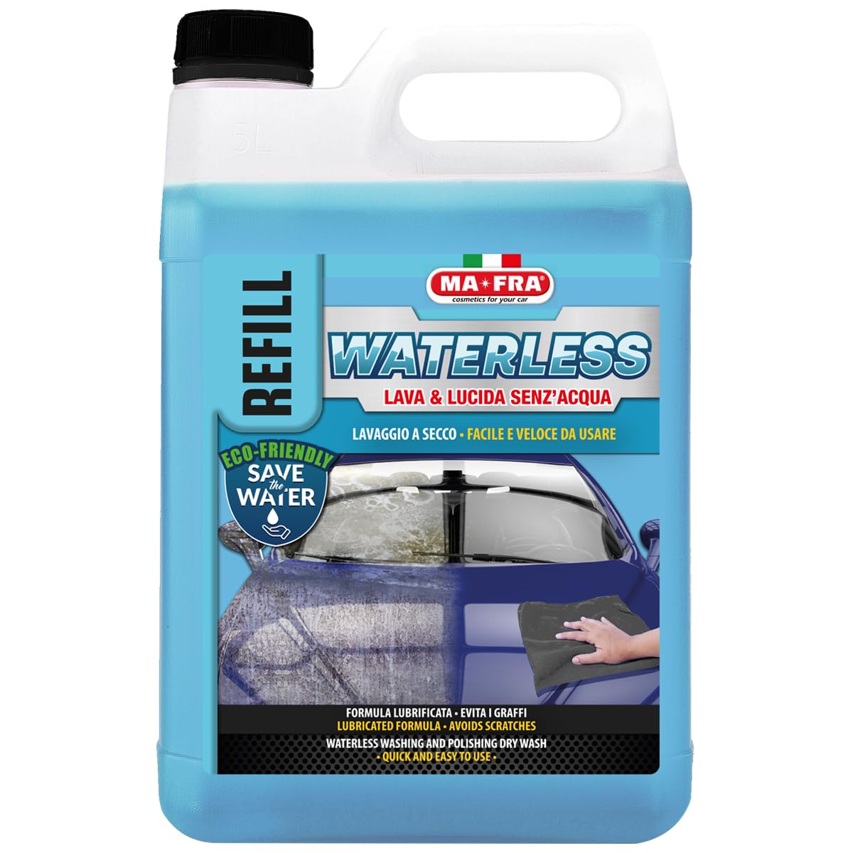 Ma-Fra Waterless, Soluzione per Un Lavaggio a Secco Completo di Carrozzeria e Vetri Auto, Pulizia e Lucidatura Senza l'Utilizzo dell'Acqua, Formato Tanica Refill, Formato 4500ml, P1303