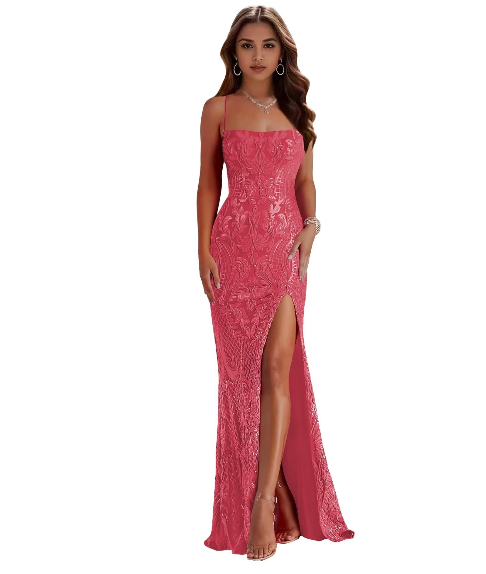 Women's Mermaid Sequin Prom Dresses with Slit Sparkly Spaghetti Straps Long Evening Dress Corset Formal Gown