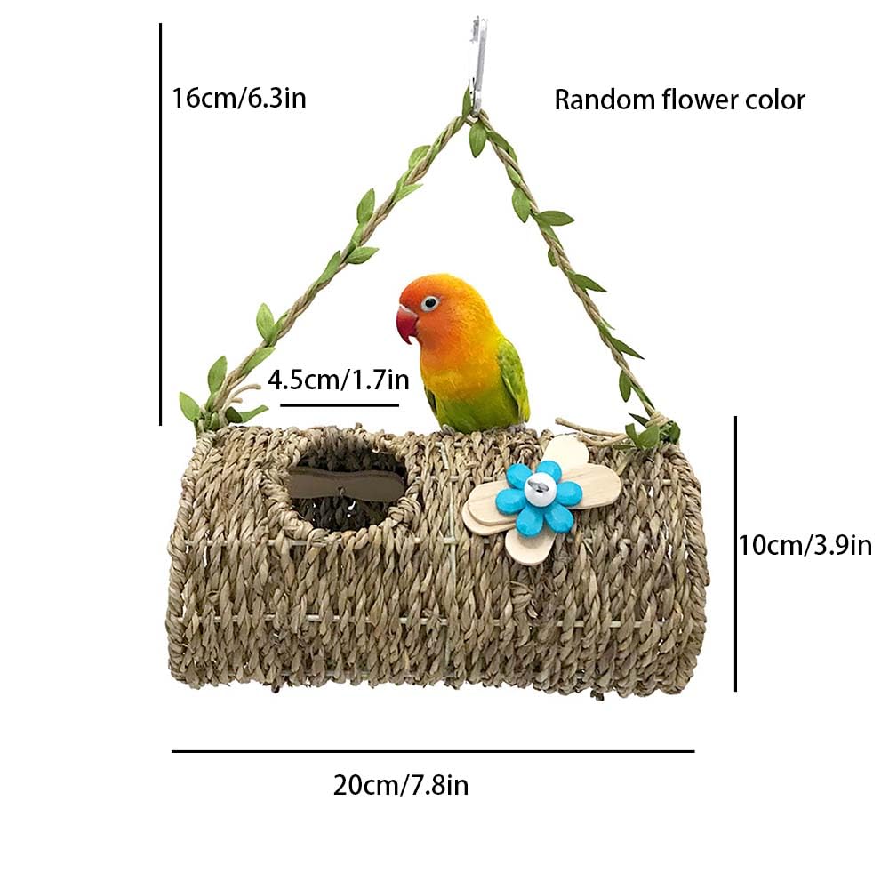 Seagrass Bird House Sea Grass Tent Parrot Tunnel with Holes and Lovely Flower Decor Natural Hanging Hammock Swing Nest Bird Snuggle Hut Toy for Hamster Lovebird Budgie Random Color