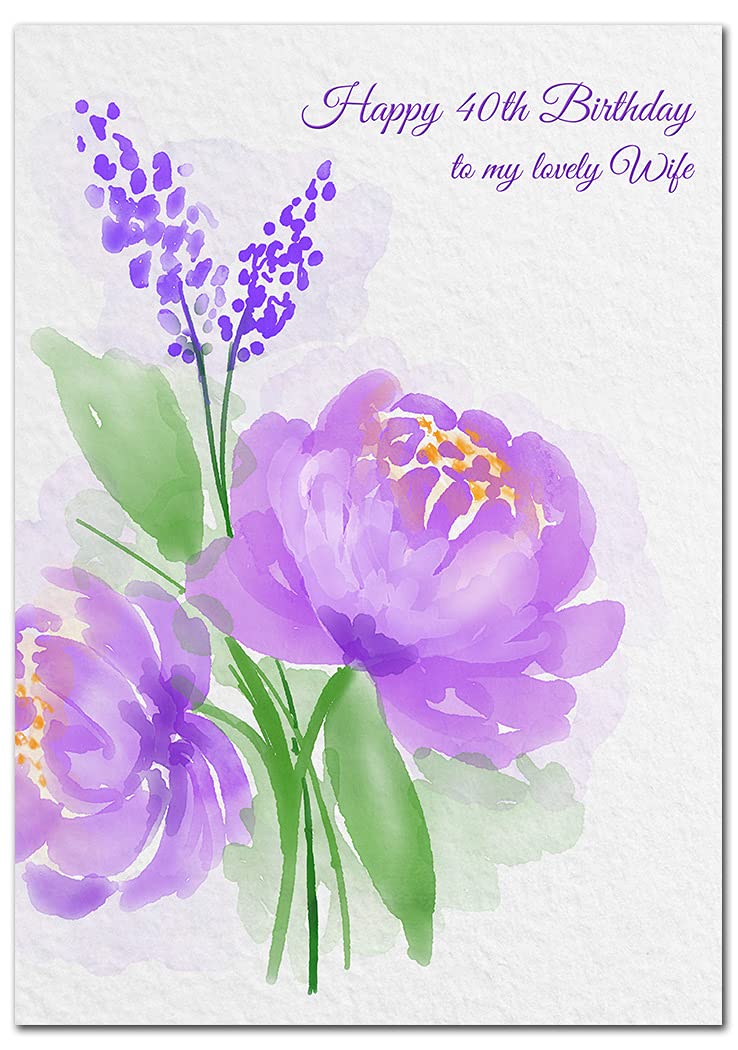Extra Large Wife 40th Birthday Card - XL Big thick A4 size - Special Age Year Greeting Her Women Female - Beautiful Art Modern Watercolour Flower - Nice Huge Happy Wishes UK Eco-Friendly