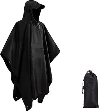 Poncho De Pluie 3 En 1 Imperméable Léger Respirant Avec Capuche - Cape Polyvalente Pour Randonnée Trekking Camping - Noir
