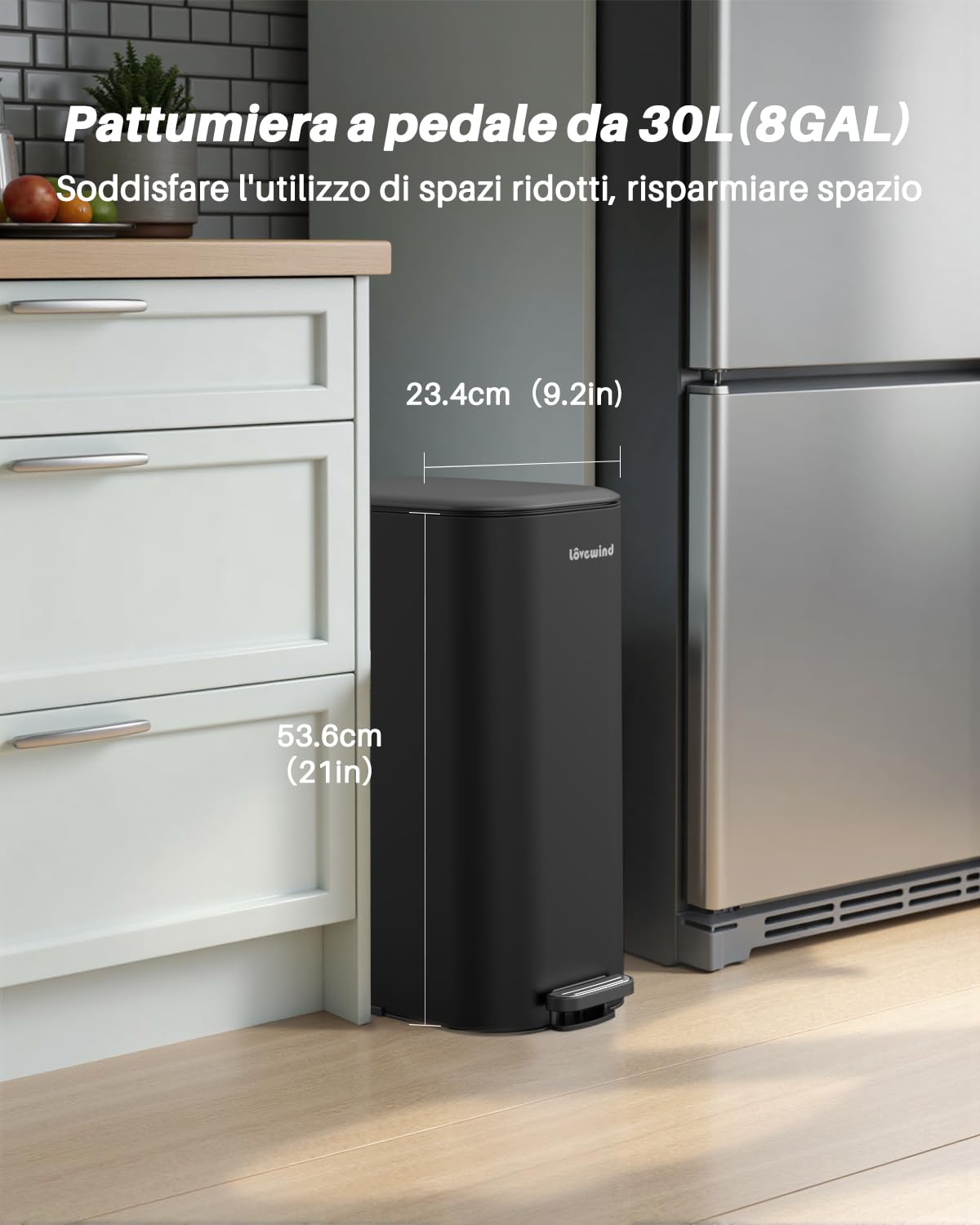 lovewind Cestino Metallico Stretto 30L con Pedale, Coperchio Silenzioso a 90°, Secchio Interno Rimovibile con Doppie Maniglie e Fori per Sacchi, Design Compatto per Cucina, Ufficio, Soggiorno