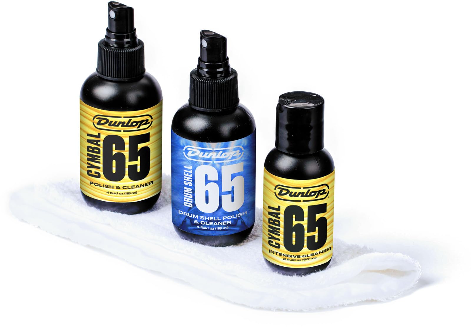 JIM DUNLOP | 6400 Formula 65 Cymbal And Drum Care Kit, Producto para Limpieza y Mantenimiento de Batería y Platillos, Incluye 3 productos fórmula 65 y un paño