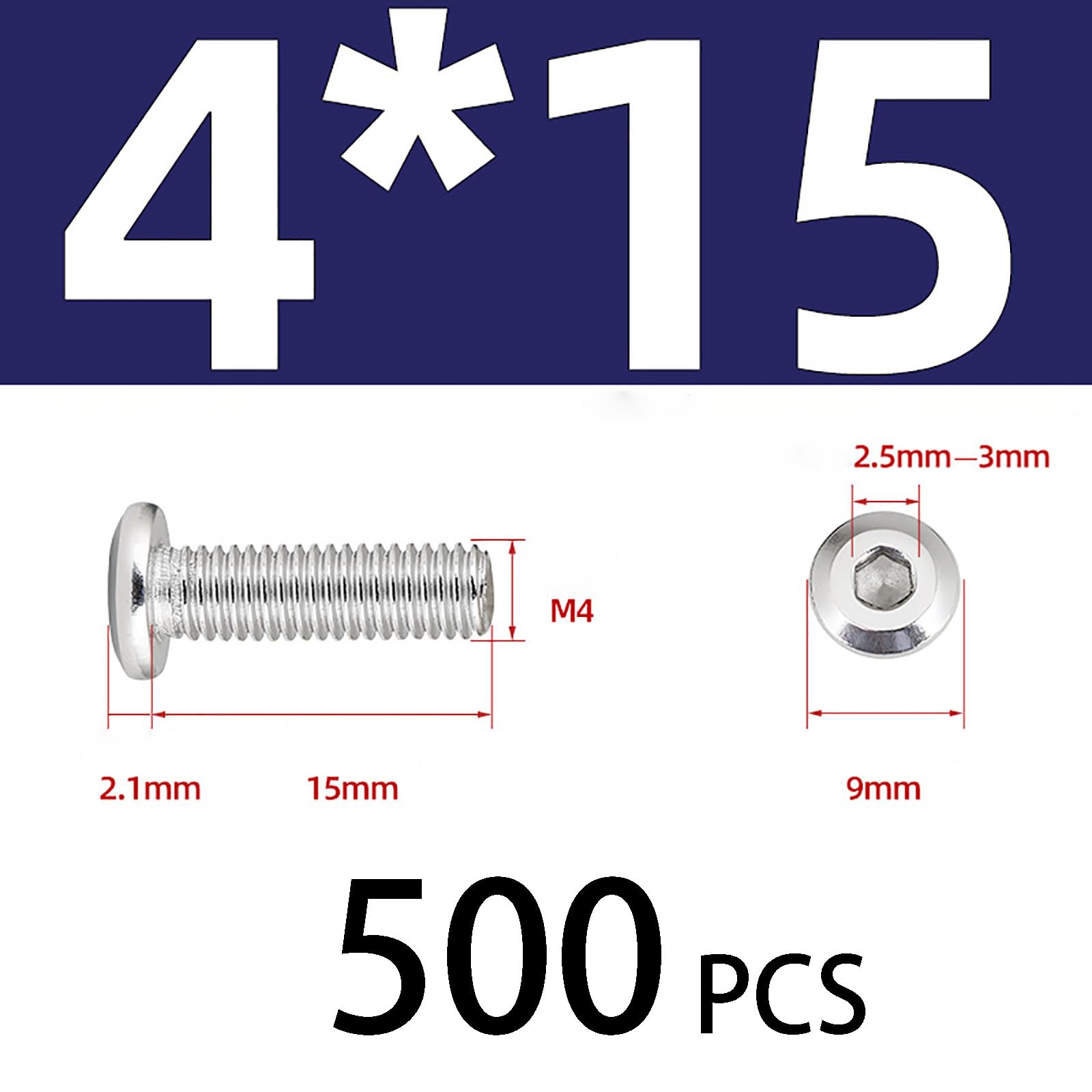Tornillos para metales, tornillos de cabeza plana, Paquete de 500 tornillos de cabeza plana avellanada con hexágono interior M4 x (10-15) mm, de acero inoxidable 304(M4*15 500)