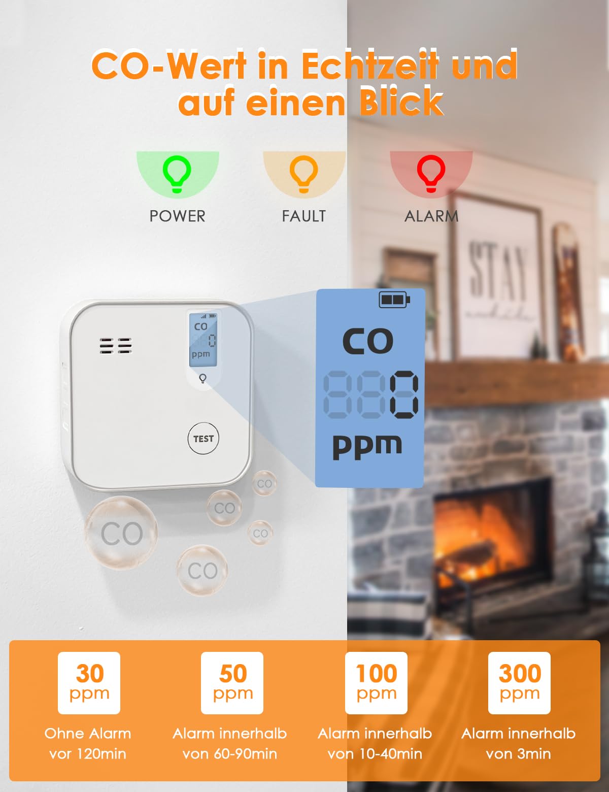 Kohlenmonoxid Melder 10-Jahres-Sensor Leben mit 10-Jahres-Batterie und LCD-Display Reise tragbare CO Melder(Klein Stand Alone Gerät)