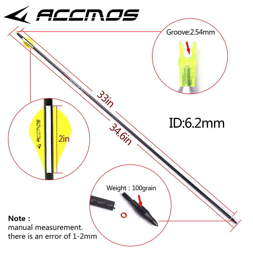 ACCMOS 12 Jagdpfeile für Erwachsene und Jugendliche ID 6,2 mm 100% 3K Weave Carbon Arrows Shafts Spine 200 250 300 350 400 500 Pfeil und Bogen Bogenschießen Pfeilzubehör