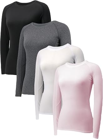 LANBAOSI 4 Pack Long Sleeve Compression Shirts for Women Gym Athletic Workout Shirt Thermal Tops Running Underscrub Baselayer