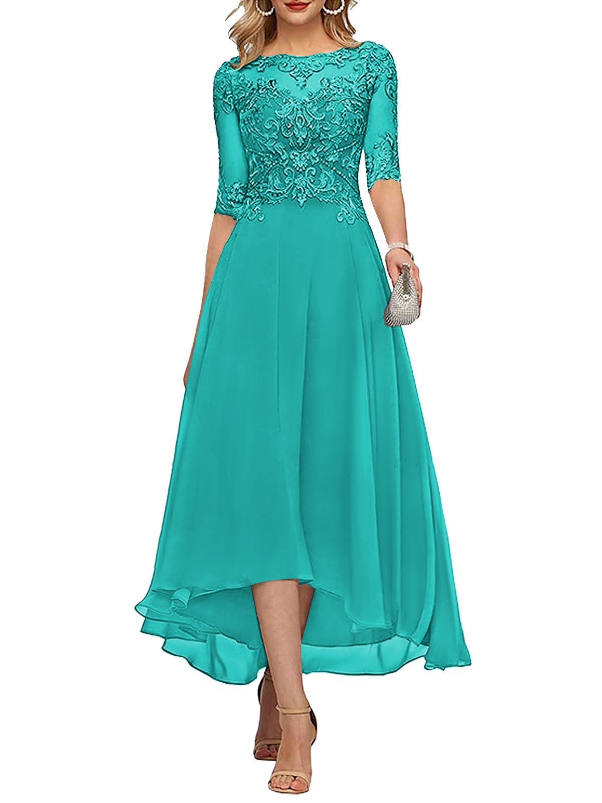 HANVAIOS Mother of The Bride Dress Tea Length Lace Appliqued Long Chiffon Formal Dresses for Women