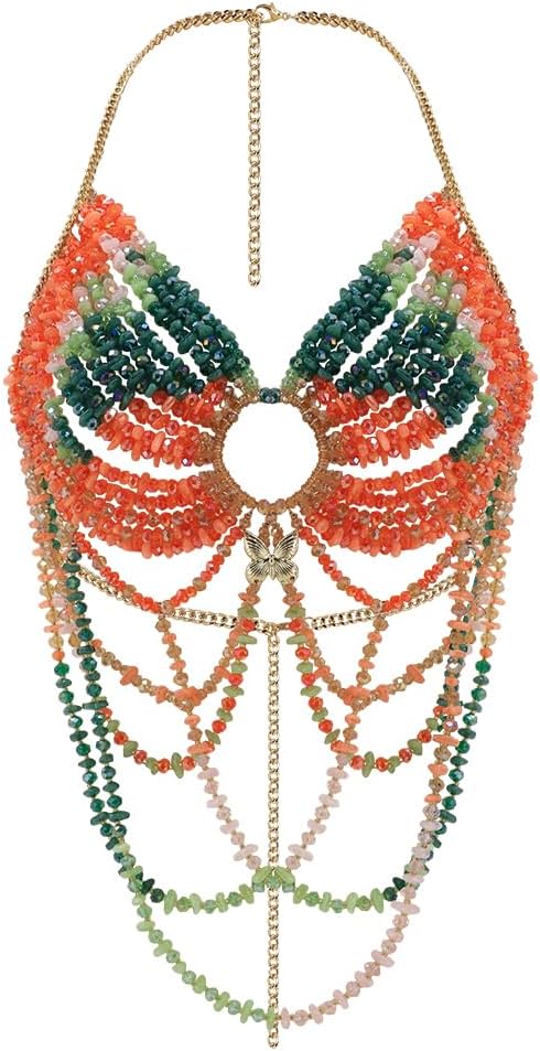 Women's Layered Beaded Halter Bikini Top Sleeveless Backless Beach Cover Up Tops Bra Body Chain Handmade Accessories