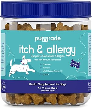 PupGrade Itch & Allergy Soft Chews for Dogs Helps Reduce Occasional Itching Skin & Coat Support Supplement with Pet Immune Postbiotics & Salmon Oil Probiotic Immune & Gut Support 60 Count