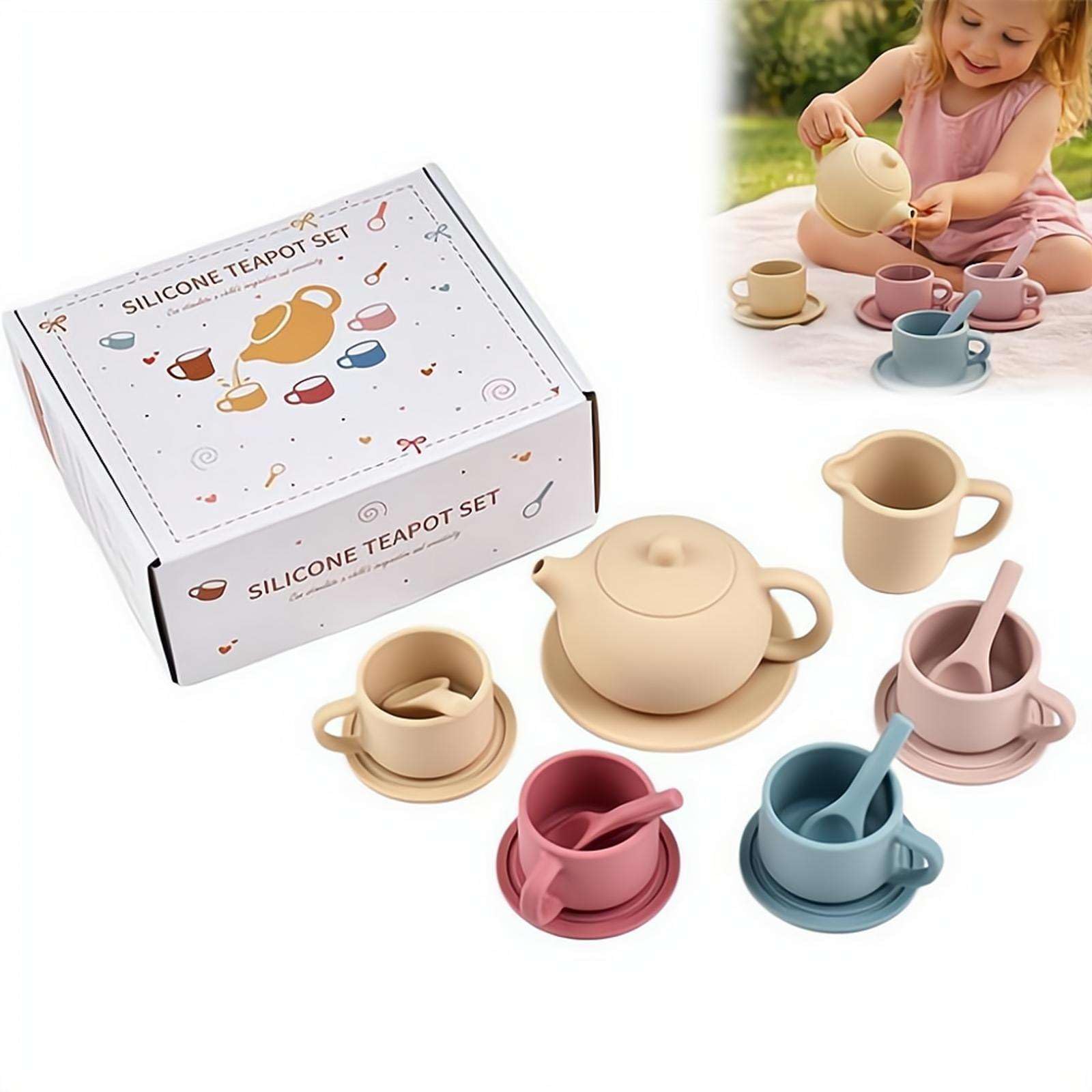 Silicone Tea Set for Toddlers, Tea Party Set for Little Girls, Kids Pretend Play Kitchen Toys, Kitchen Cutlery Teapot Cups Spoon Set Accessories, Birthday Gifts for Girls Boy Age 3+