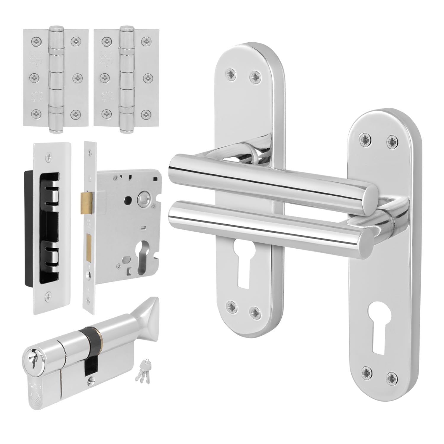 EAI Chrome Door Handle Euro Lock, Thumbturn Cylinder Set 1 Pair Polished Chrome Internal Door Handle, Lock, Hinges - Oliena