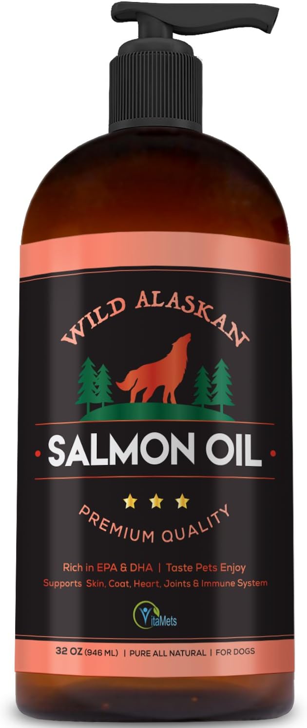 Wild Alaskan Salmon Oil for Dogs, Cats and Pets โ 100% Natural Omega-3 Fish Oil Supplement with DHA and EPA Promotes Hip and Joint Function, Healthy Skin and Coat (32 oz)