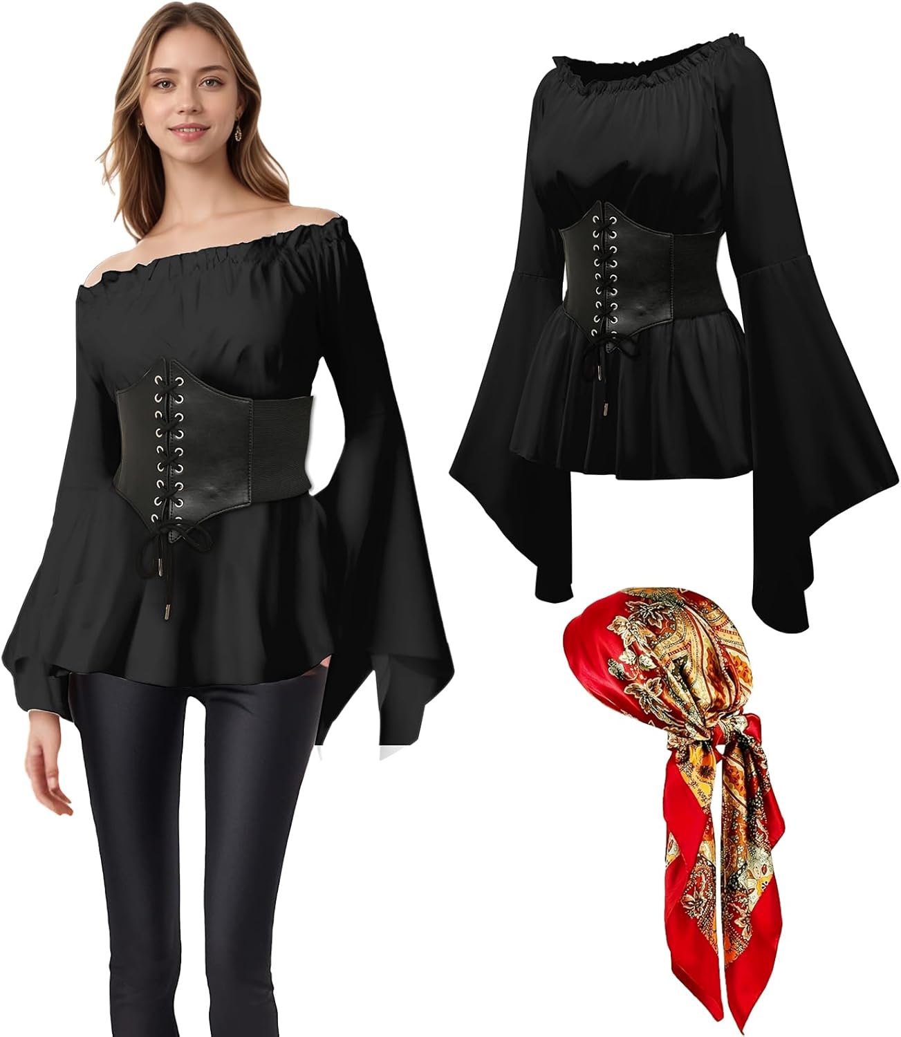 Women's Pirate Costumes Blouse Top Corset Waist Belt, Renaissance Medieval Top Costume, Off Shoulder Pirate Shirt