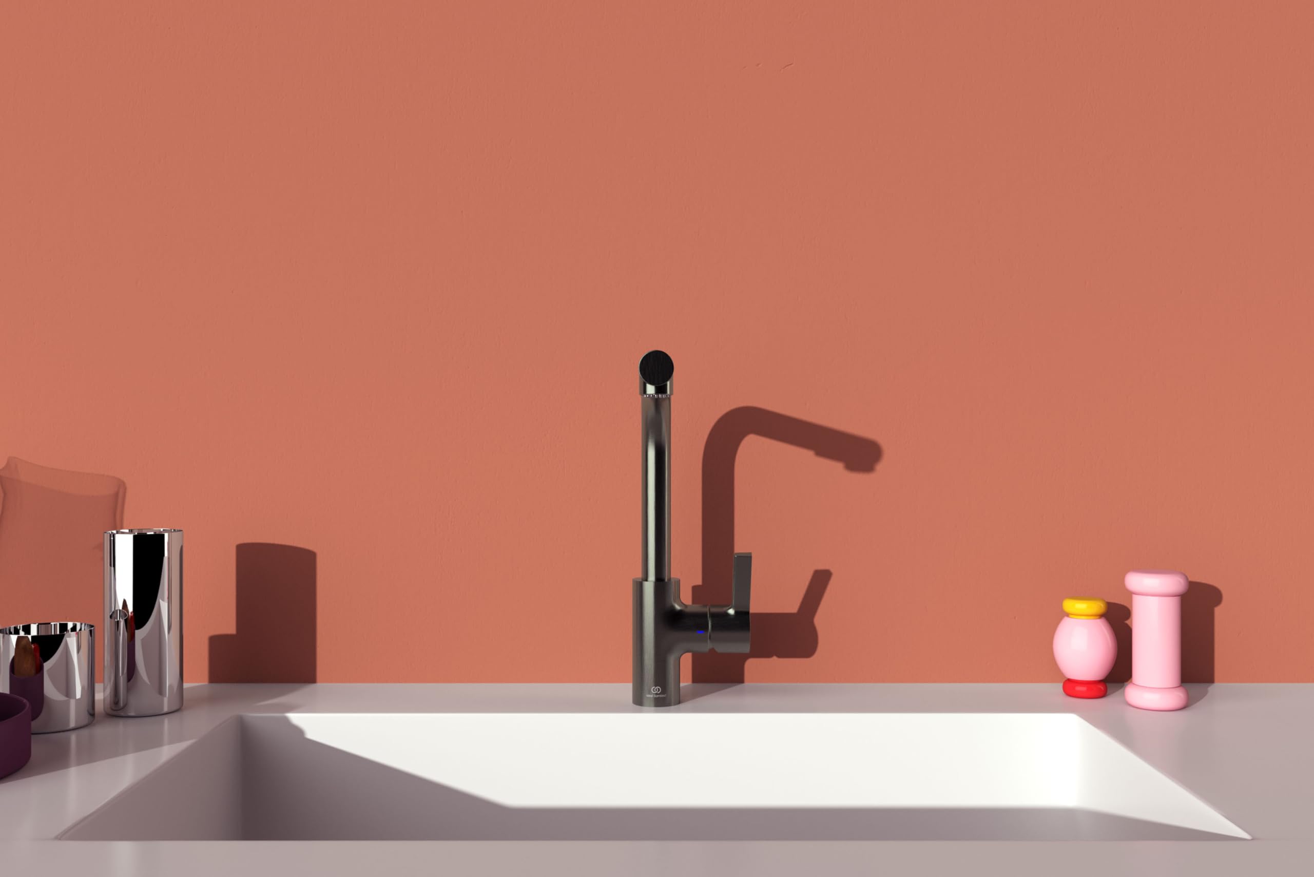 Ideal Standard – Gusto Monomando de cocina, Caño redondo en L, con rociador extraíble y dos modos de chorro, caño giratorio 360°, fácil de instalar con fijación EasyFix+, Gris Magnético