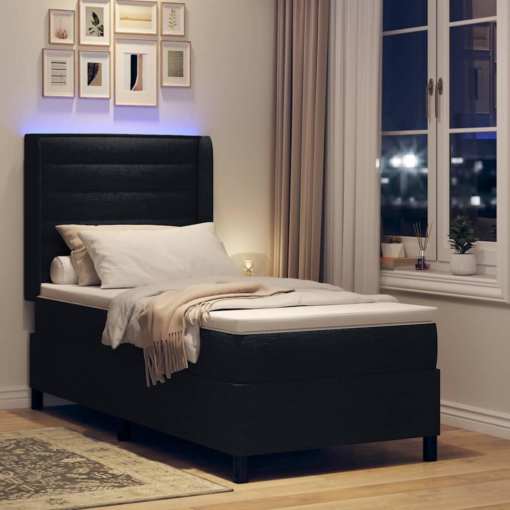 Cama con somier LED con colchón negro, 90 x 190 cm, tela, somier, cabecero de 2 alturas, tiras LED RGB, madera y madera maciza, dormitorio moderno, cama individual confort