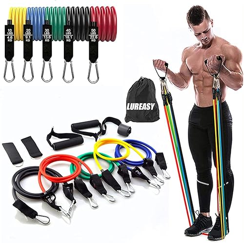 Juego de bandas de resistencia (11 piezas) accesorios portátiles para gimnasio en casa, apilables hasta 150 libras, ejercicio con anclaje de puerta,
