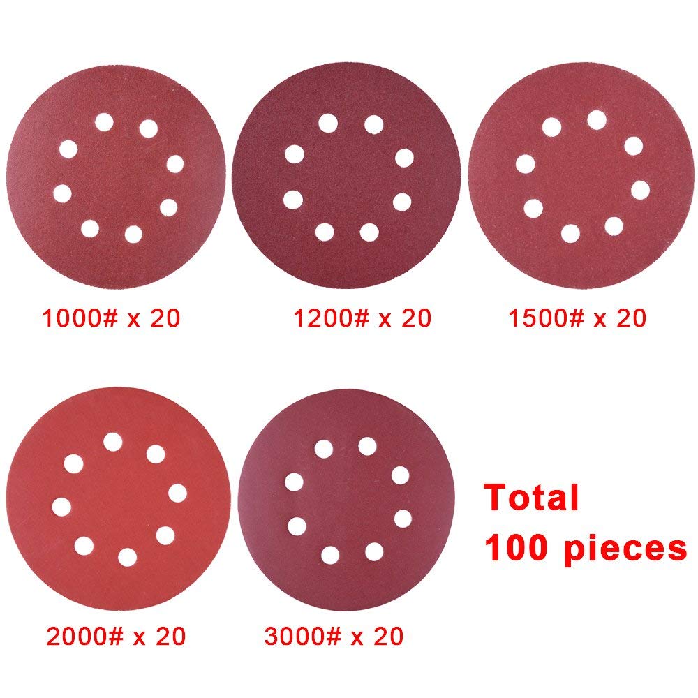 SIQUK 100 Pieces Sanding Discs 125mm 8 Holes Hook and Loop 1000/1200/ 1500/2000/ 3000 Grit