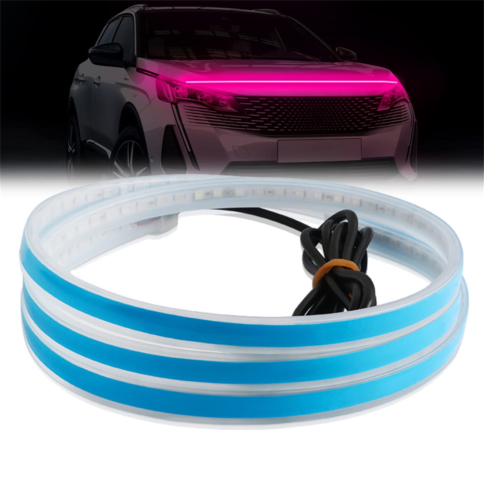 Koconh Dynamic Scan Start Up Hoodbeam Kit, 59/70 Inch Flexible Car Hood LED Light Strip,Flexible Headlights Waterproof Led Strips for Car (70in Always On,Pink)